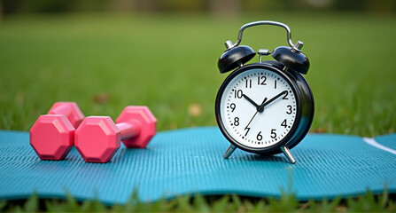 Wall Mural - alarm clock on green grass