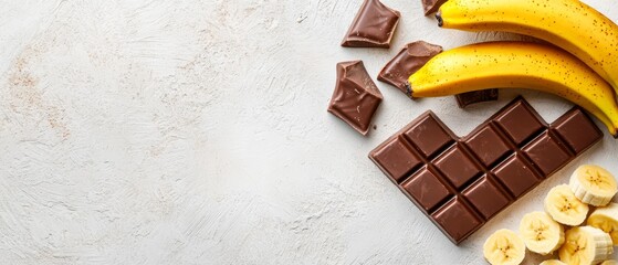 Wall Mural -  A table topped with a banana and chocolate dish next to a pile of sliced bananas and a chocolate bar