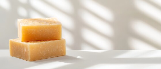  A few soap slices atop a white table, casting a shadow against the wall