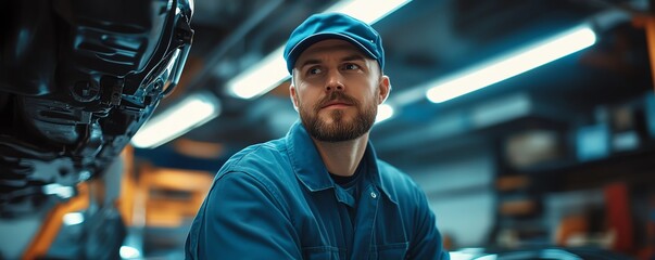 Automobile mechanic in a blue uniform and cap, working under a car in a modern garage environment, fixing vehicle parts, showcasing technician service