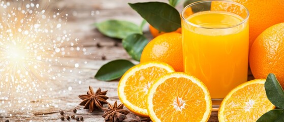  A glass of orange juice nestled among sliced oranges and a star anise on a weathered wooden table