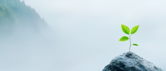 Poster -  A tiny green plant emerges from a rock's summit, against a backdrop of fog-shrouded mountains