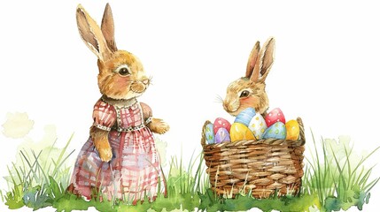 Wall Mural - A watercolor illustration of a vintage girl bunny wearing a dress, carrying a wicker basket filled with Easter eggs, standing on a green lawn, isolated against a white background