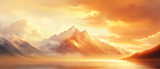 Poster -  A painting of a mountain range with a foreground lake and a sunset background, featuring clouds in the sky