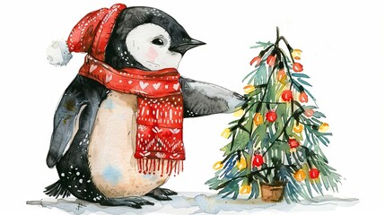 Wall Mural - Watercolor vintage penguin in sweater clothes holding Christmas tree with luminous garland isolated on white background