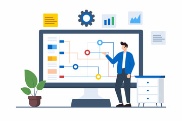 flat illustration of person with project management software