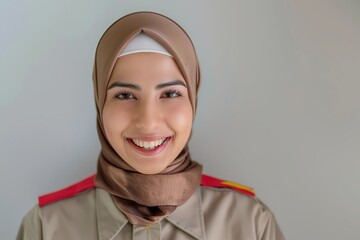 A woman wearing brown hijab posing for a CV photo. Female professional. A fast food industry manager. A Muslim lady wearing corporate uniform against grey background