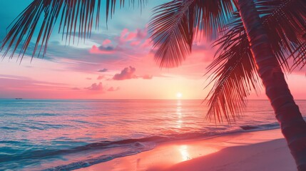 Poster - Bright sunrise over the Red Sea, Egypt. Palm trees stand out against the colorful sky.