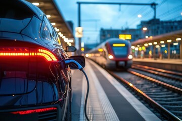 A sleek electric car charging at a train station, showcasing modern transportation in a vibrant evening setting.