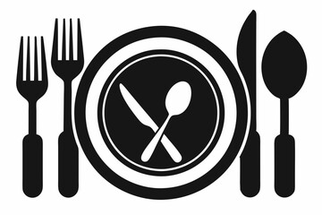 Fork, knife, plate and spoon Black vector silhouette