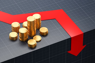 Wall Mural - Stack of coins with red downward arrow on grid background. 3D Rendering