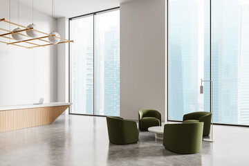 Sticker - Modern office lobby with green chairs and city view. 3D Rendering