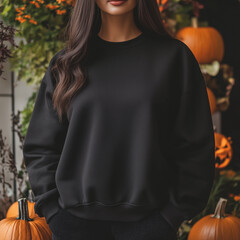 Wall Mural - Female plus size Halloween black sweatshirt mockup, pumpkins and plants on background