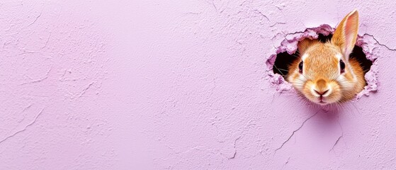 Wall Mural -  A rabbit peeks out from a pink wall's hole, its head exposed