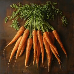 Wall Mural - a lifelike image of a bunch of carrots with their green tops still attached. They rest on a rustic wooden surface