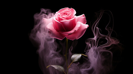 Wall Mural - pink rose with smoke on black background