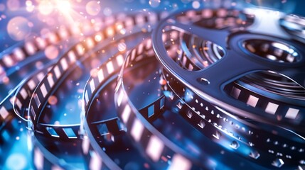 2. Silver movie film reel, dynamic motion, curling film strip, perforated edges, cinematic background, blue gradient backdrop, lens flare effect, bright light beam, multiple overlapping film strips,