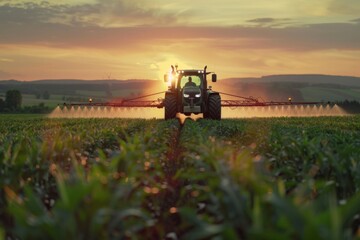 Sunset over a vast field. A tractor sprays crops, showcasing modern farming technology. The serene landscape is perfect for nature, agriculture, and sustainability concepts. Generative AI