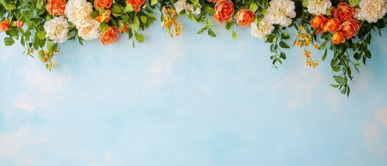  A blue wall adorned with orange and white flowers cascading from its sides, topped with lush green foliage