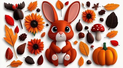 Playful orange rabbit surrounded by autumn leaves and sunflowers, showcasing a vibrant fall scene filled with seasonal elements.