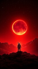 Wall Mural - Silhouette of astronaut standing on a red planet with a large red moon in the sky.