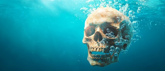  A skull submerged in water, emitting bubbles from its mouth