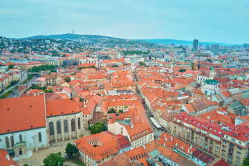 Wall Mural - Panorama of Bratislava, Slovakia. Aerial view of historic European city with vibrant red rooftops. Urban landscape with historaical buildings