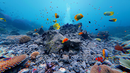 a view of a volcanic seamount with colorful fish swimming around it