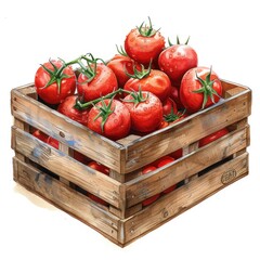 Poster - tomatoes in a wooden box, hyperrealistic pencil and watercolour illustration, Isolated on clean white background 