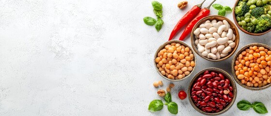 Wall Mural -  Four bowls display beans, broccoli, peas, and red peppers on a white tabletop