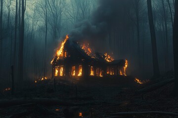 A burning wooden house engulfed in smoke within a dark forest