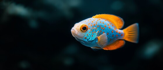  A tight shot of a blue-yellow fish against a black backdrop, with a faintly blurred fish silhouette in the depths