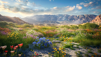 Wall Mural - an image of a peaceful desert valley with colorful wildflowers in bloom