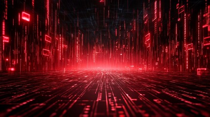 digital rain: red glowing lines cascade down a futuristic cityscape, creating a mesmerizing and abst