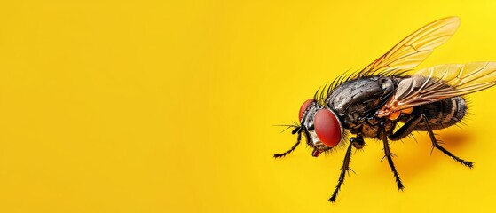  A fly sits atop a yellow surface, nearby another with black and red hues, both perched on distinct yellow areas