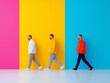 © URAIWAN - Three men walk confidently in front of vibrant colored walls, showcasing modern fashion and lively expressions.