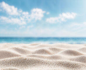 Sunny beach scene with white sand and crystal blue ocean, ideal for summer vacation