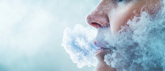 Wall Mural -  A tight shot of a person exhaling, smoke billowing from their mouth, and a cloud of it expanding around them