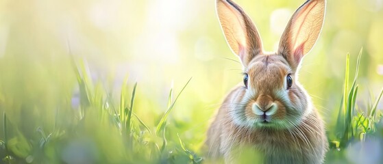  A close-up of a bunny in a sunlit grass field, with the sun illuminating its face