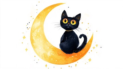 Watercolor Halloween design, a black cat with wide eyes and a curved tail, sitting on a crescent moon with subtle stars in the background, isolated on a white background,