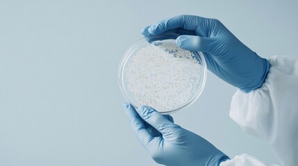 Wall Mural - a close-up of a veterinary pathologist's hands holding a petri dish with biological samples, showcas
