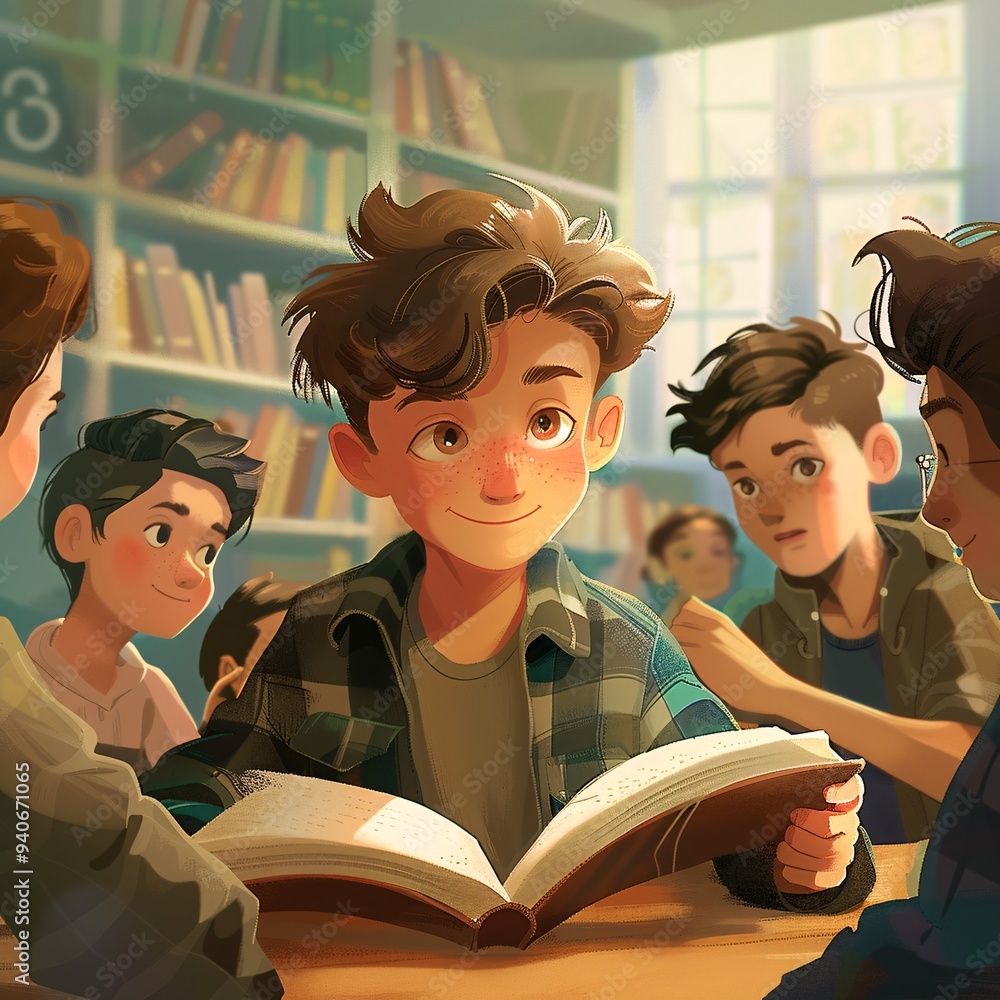 1. A young Caucasian boy intently reading a book at a library table ...
