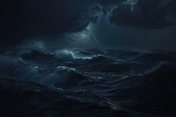 Ocean Storm. Dark and Powerful Sea Storm with Lightning and Waves at Night