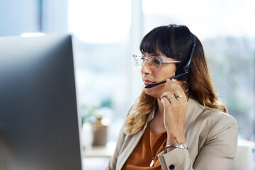 Sticker - Business woman, computer and call center consultation with customer support and headphones at job. Office, crm and telemarketing consultant with advice and help desk assistance with online agent