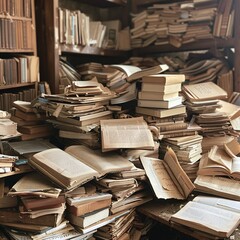 10. An open textbook with worn pages, positioned on a reading desk amidst piles of literature texts