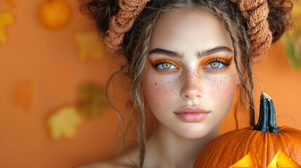 A model woman in Halloween costume and makeup, holding a carved pumpkin against an orange background, ideal for Halloween-themed designs with copy space.