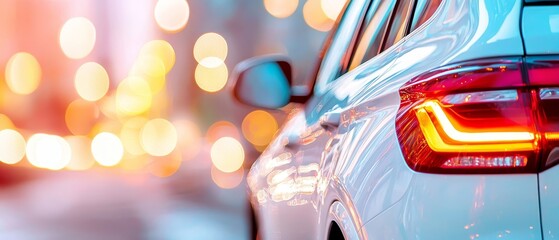 Sticker -  A tight shot of a car's taillight against a city backdrop, illuminated by distant headlights