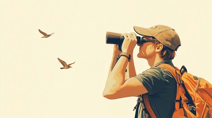 Wall Mural - a wildlife biologist using binoculars to observe birds in their natural habitat, with a calm express