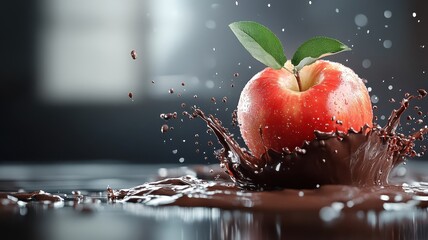 Apple splashing into rich chocolate, with high-detail droplets captured.