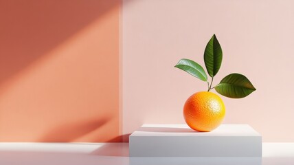 Orange displayed on an elegant podium, showcasing its vibrant color and dimpled texture.